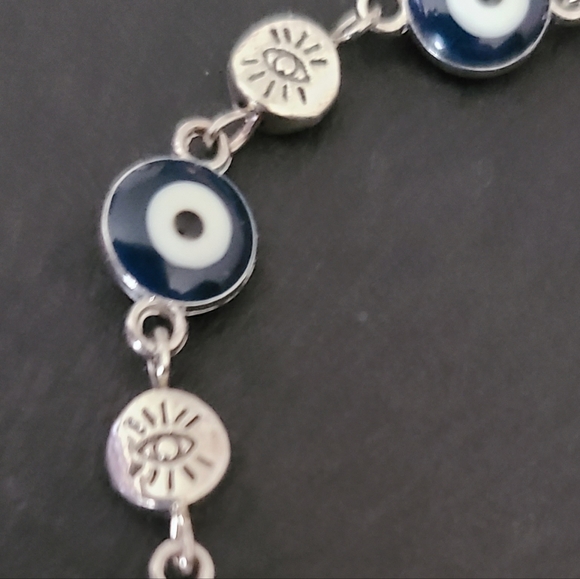 SILVER PLATED NAVY BLUE ENAMEL EVIL EYE LINK BRACELET FOR PROTECTION LUCK - Picture 5 of 6